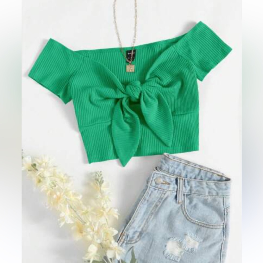 Qutie Off Shoulder Knot Front Rib-Knit Crop Tee